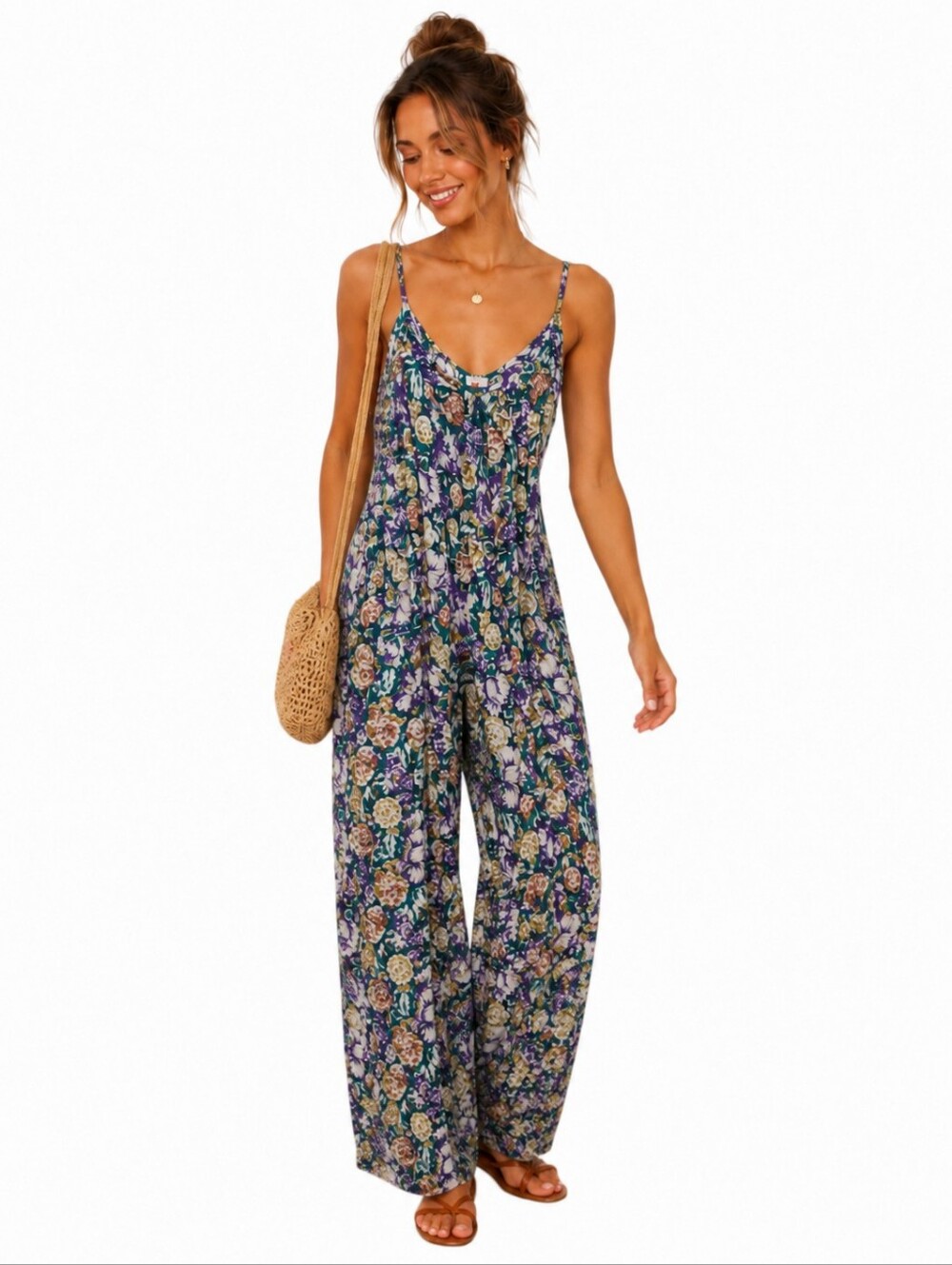 Buenos Ninos Women's Floral Wide Leg Jumpsuit Size L Sleeveless Boho Summer